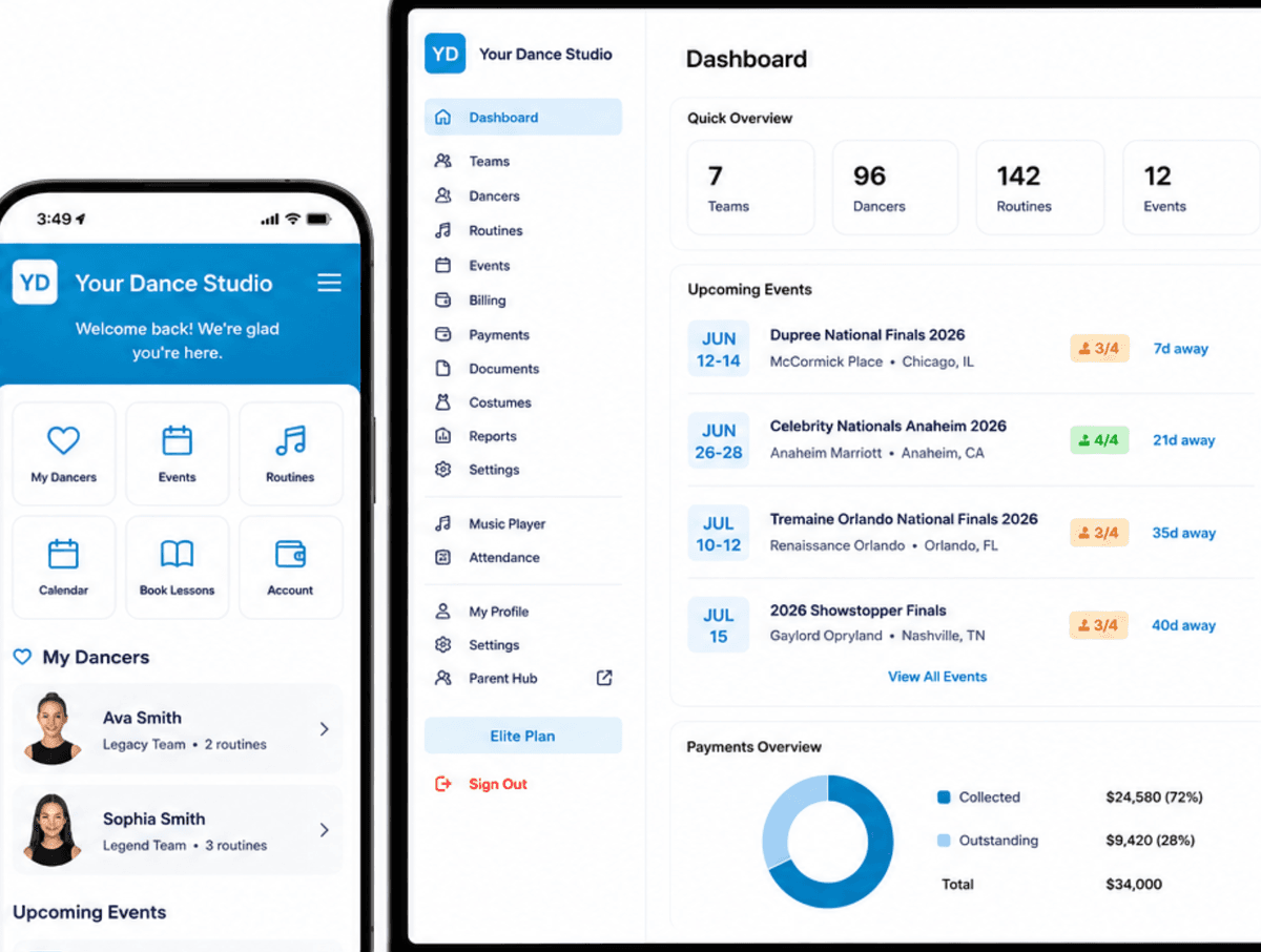 CompTeamHub — Parent Hub on mobile and Owner Dashboard on desktop